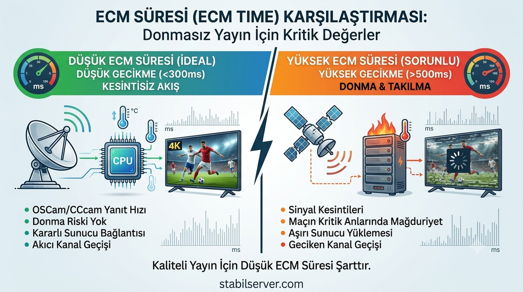 ECM süresi nedir CCcam ve OSCam sunucularında donmasız yayın için ideal milisaniye (ms) hızları karşılaştırması