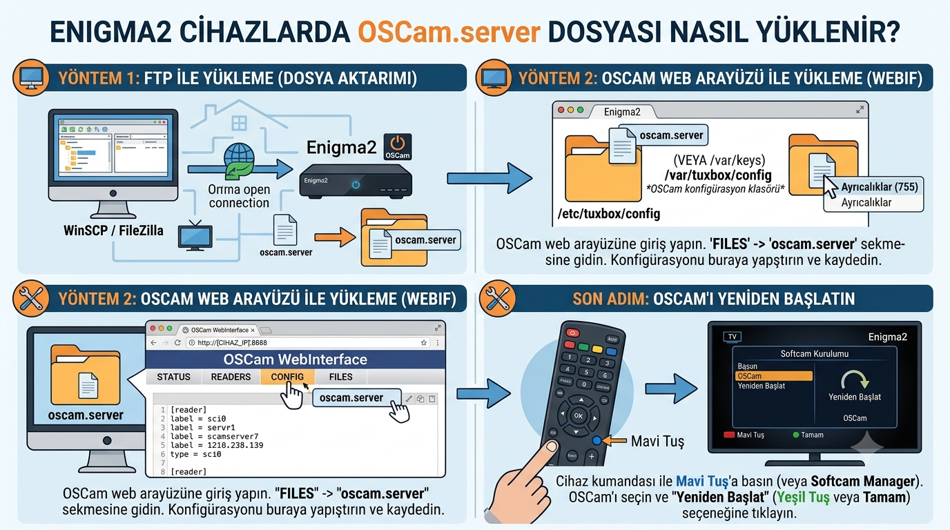 enigma2 oscam server dosyasi yukleme ftp webif rehberi