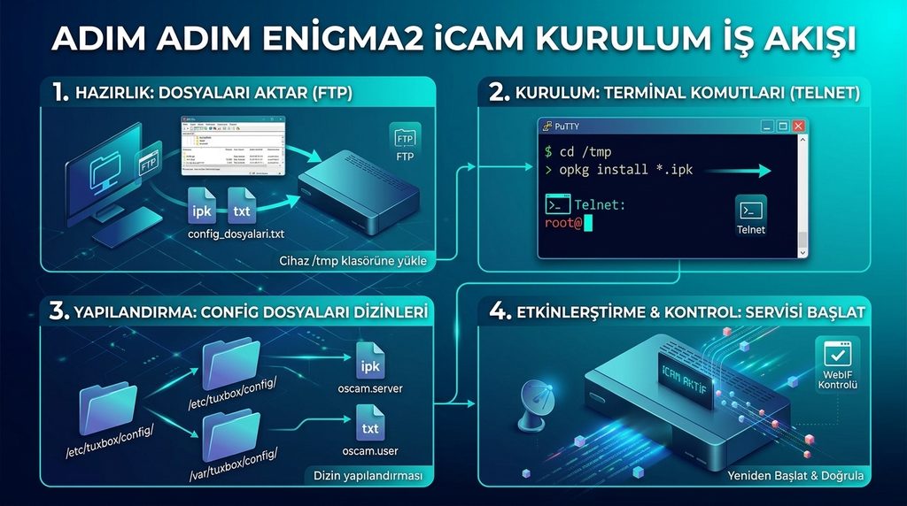 Enigma2 iCAM kurulum adımlarını gösteren teknik infografik. 1. FTP ile dosya aktarımı, 2. Telnet terminal komutları, 3. Konfigürasyon dosyalarının dizinlere yerleştirilmesi, 4. Servisin başlatılması ve doğrulanması aşamalarını görsel olarak açıklar.